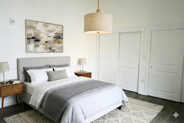 a bedroom with a bed and a lamp