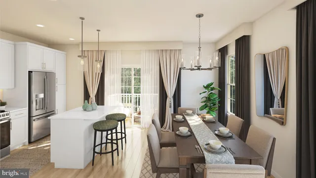 a dining room with furniture a chandelier and wooden floor