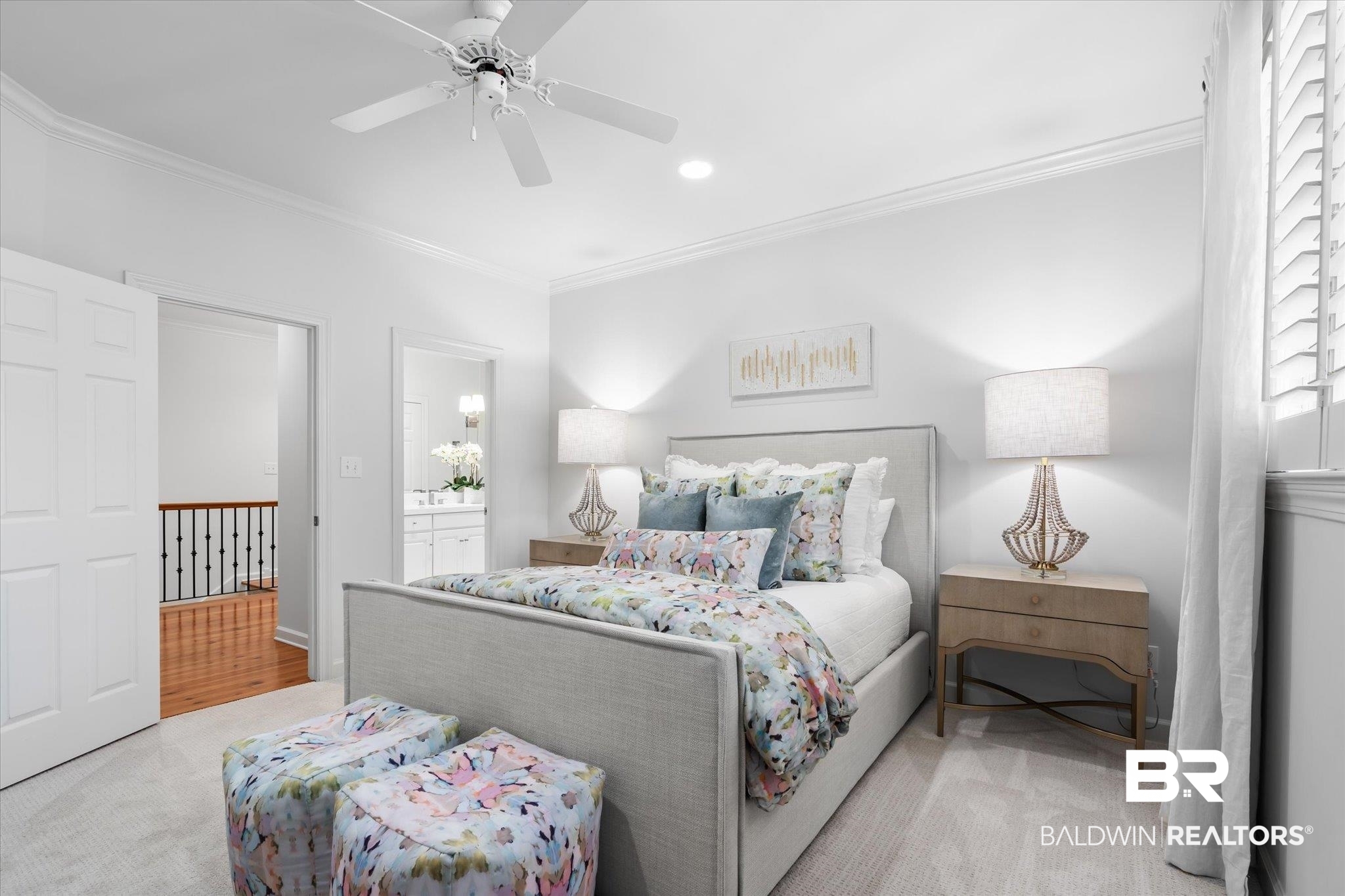 320 Long Court Mobile, AL 36608 - Photo 44 of 61 Bedroom featuring ceiling fan, light colored carpet, and crown molding
