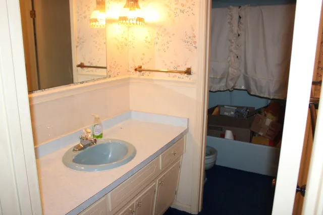 a bathroom with a sink and a mirror