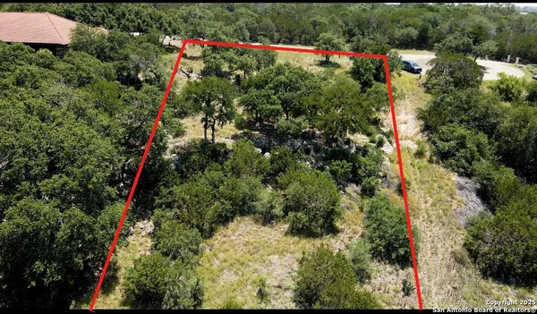 an aerial view of residential houses with outdoor space and trees