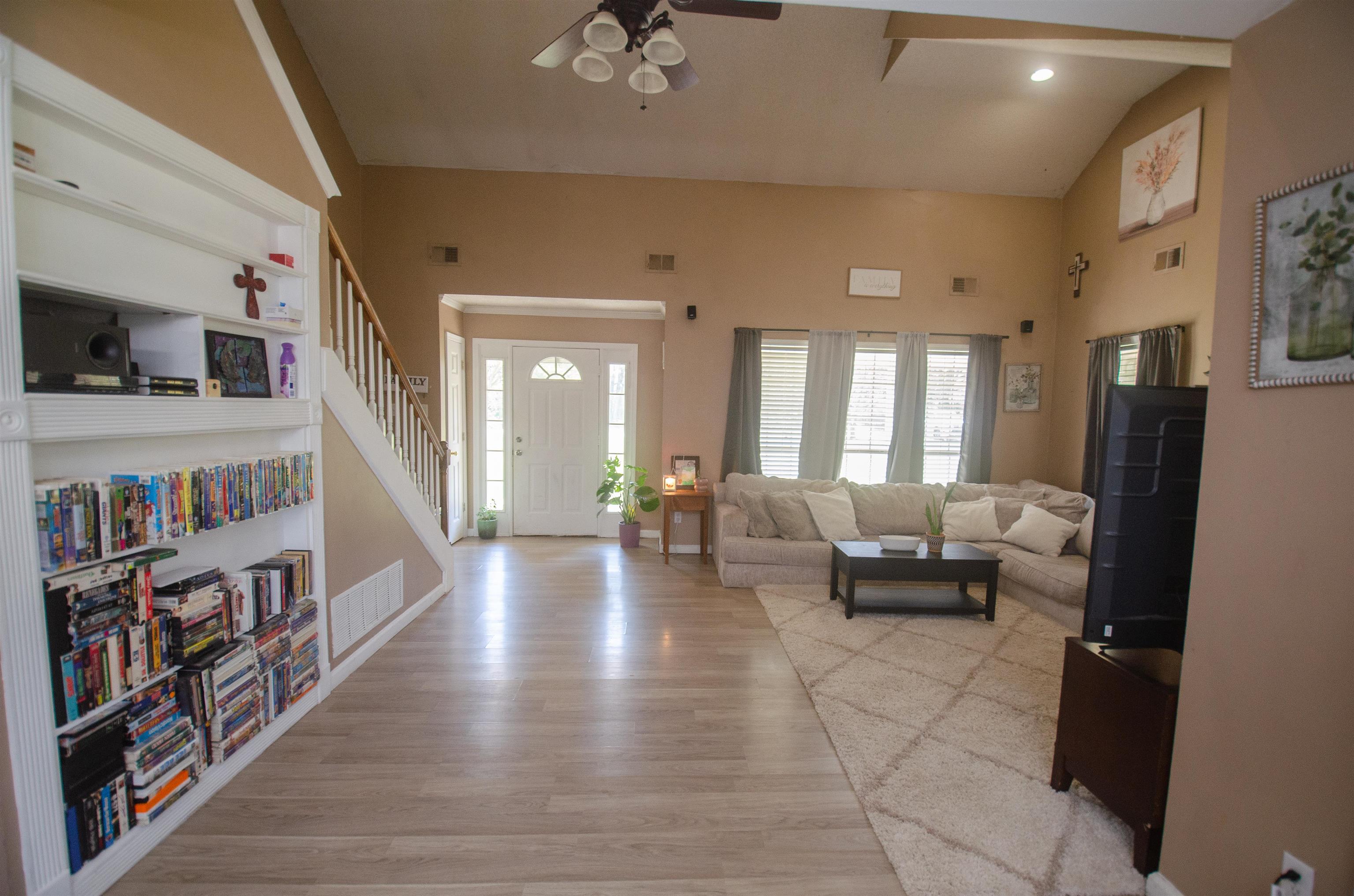 2610 Brighton-Clopton Road Brighton, TN 38011 - Photo 3 of 14 Living room featuring light wood-type flooring, a ceiling fan, recessed lighting, and vaulted ceiling