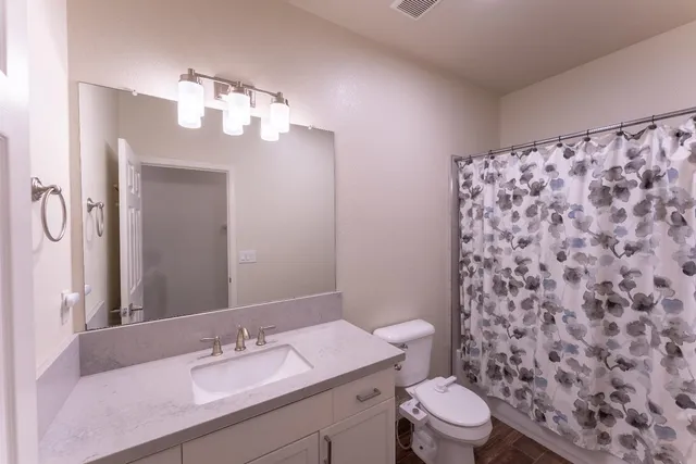 a bathroom with a sink a toilet a mirror and shower curtain