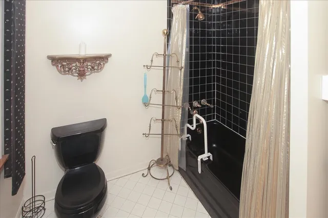 a bathroom with a shower and a toilet