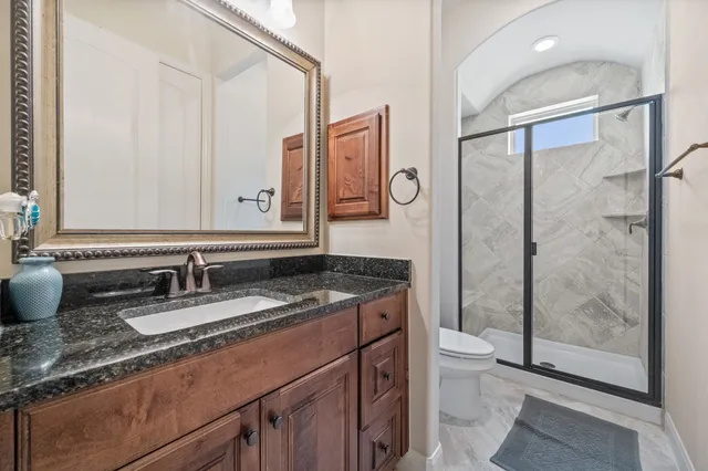 a bathroom with a granite countertop sink a toilet a mirror and shower