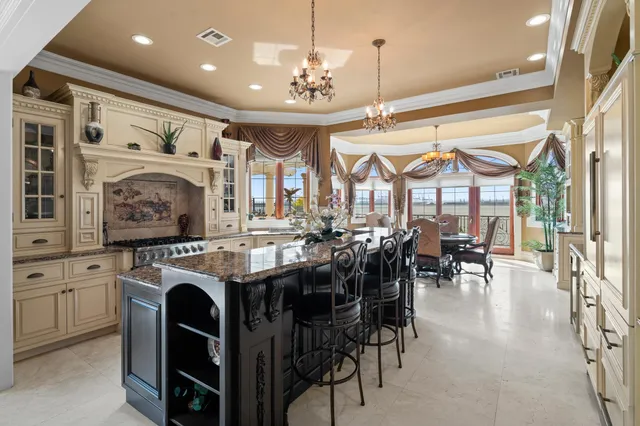 a view of a dining room with furniture window and outside view