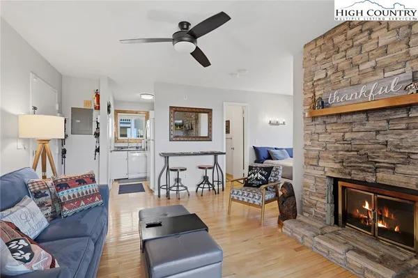 a living room with furniture and a fireplace