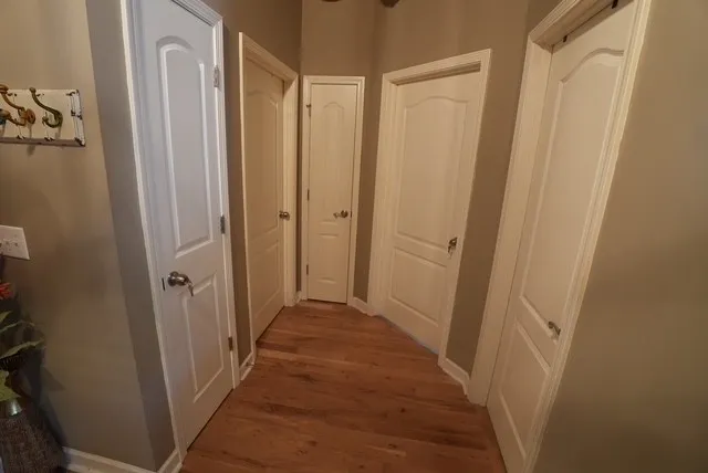 a view of a bathroom from the hallway