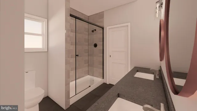 a bathroom with a shower and toilet