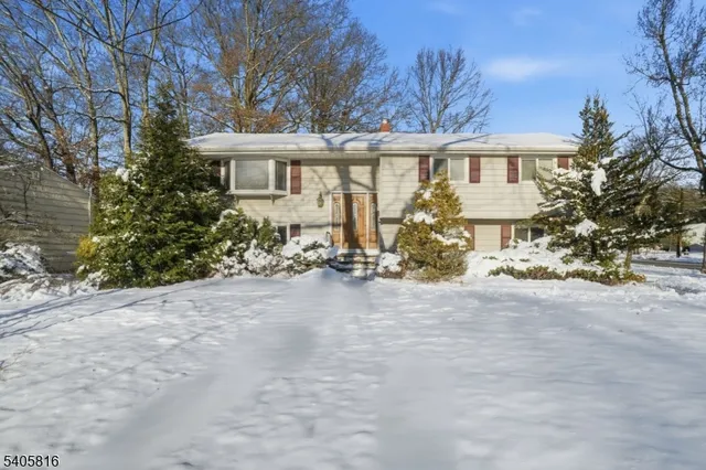 a view of a house with a yard covered with snow in front of house
