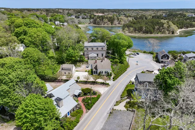 an aerial view of a house with a garden