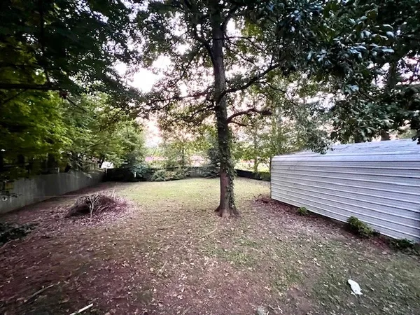 a view of a backyard with large trees