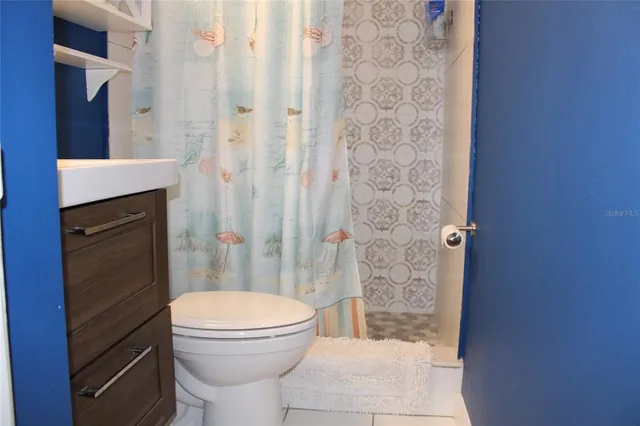 a bathroom with a shower and a toilet