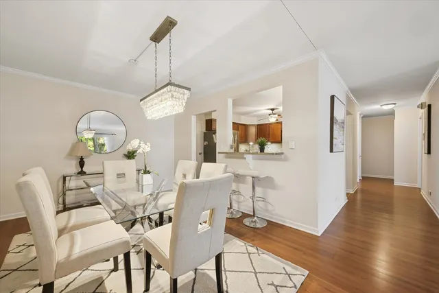 a view of a dining room with furniture a chandelier and wooden floor