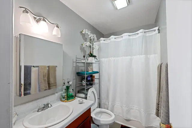 a bathroom with a sink toilet and shower