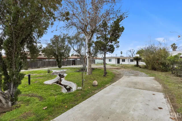 a view of a park with large trees