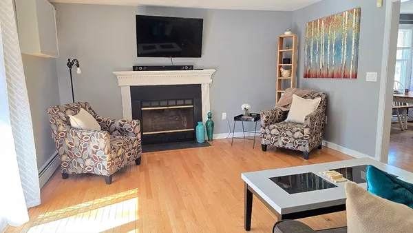 a living room with furniture and a fireplace