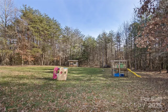 a view of a playground with a tree