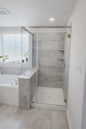a bathroom with a bathtub and a shower