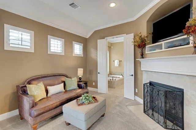 a living room with furniture and a fireplace