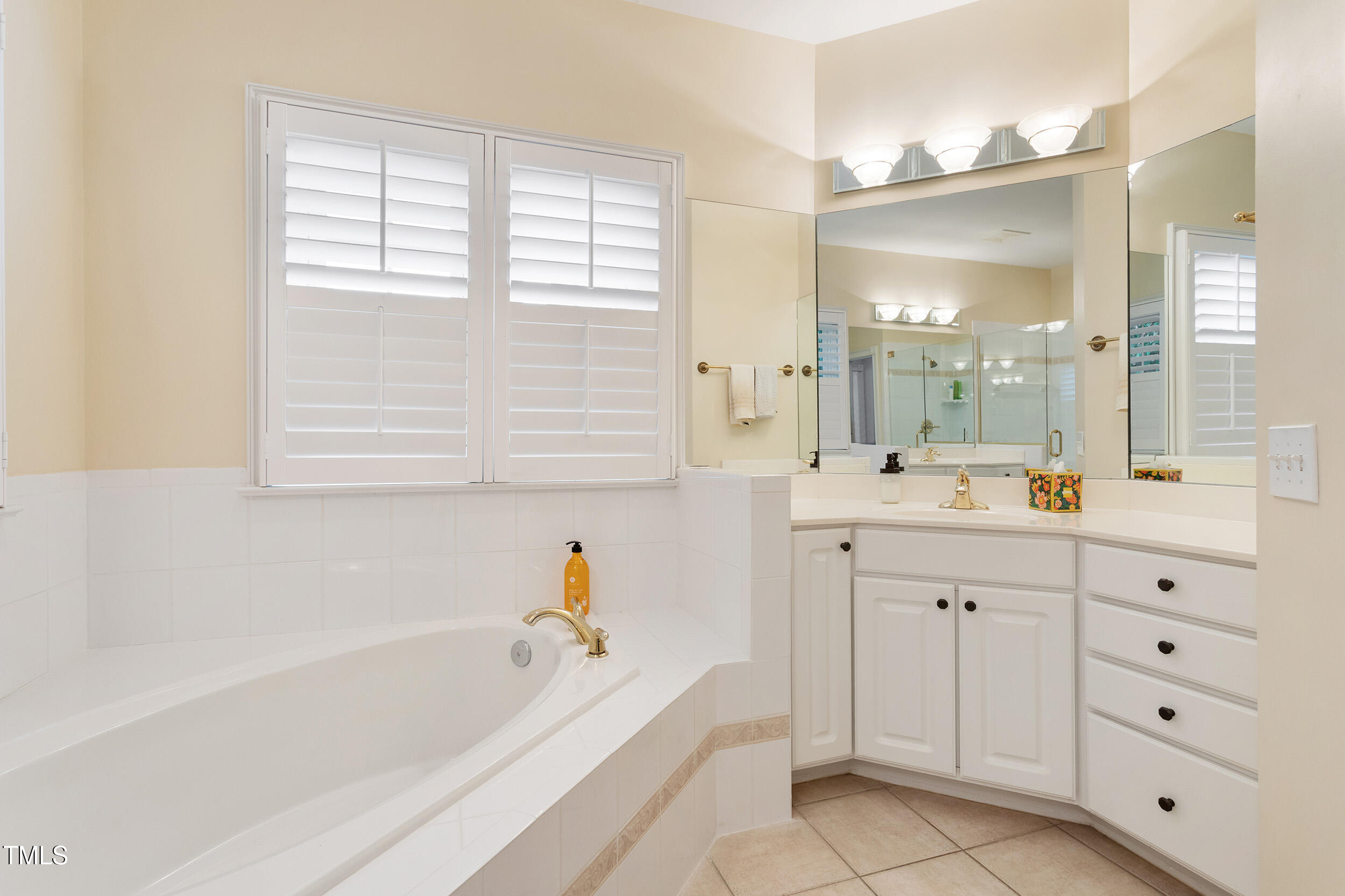 3928 Bentley Bridge Road Raleigh, NC 27612 - Photo 23 of 36 a bathroom with a tub a sink and a large mirror