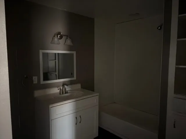 a bathroom with a sink and mirror