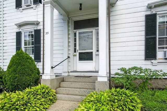a front view of house with yard and green space