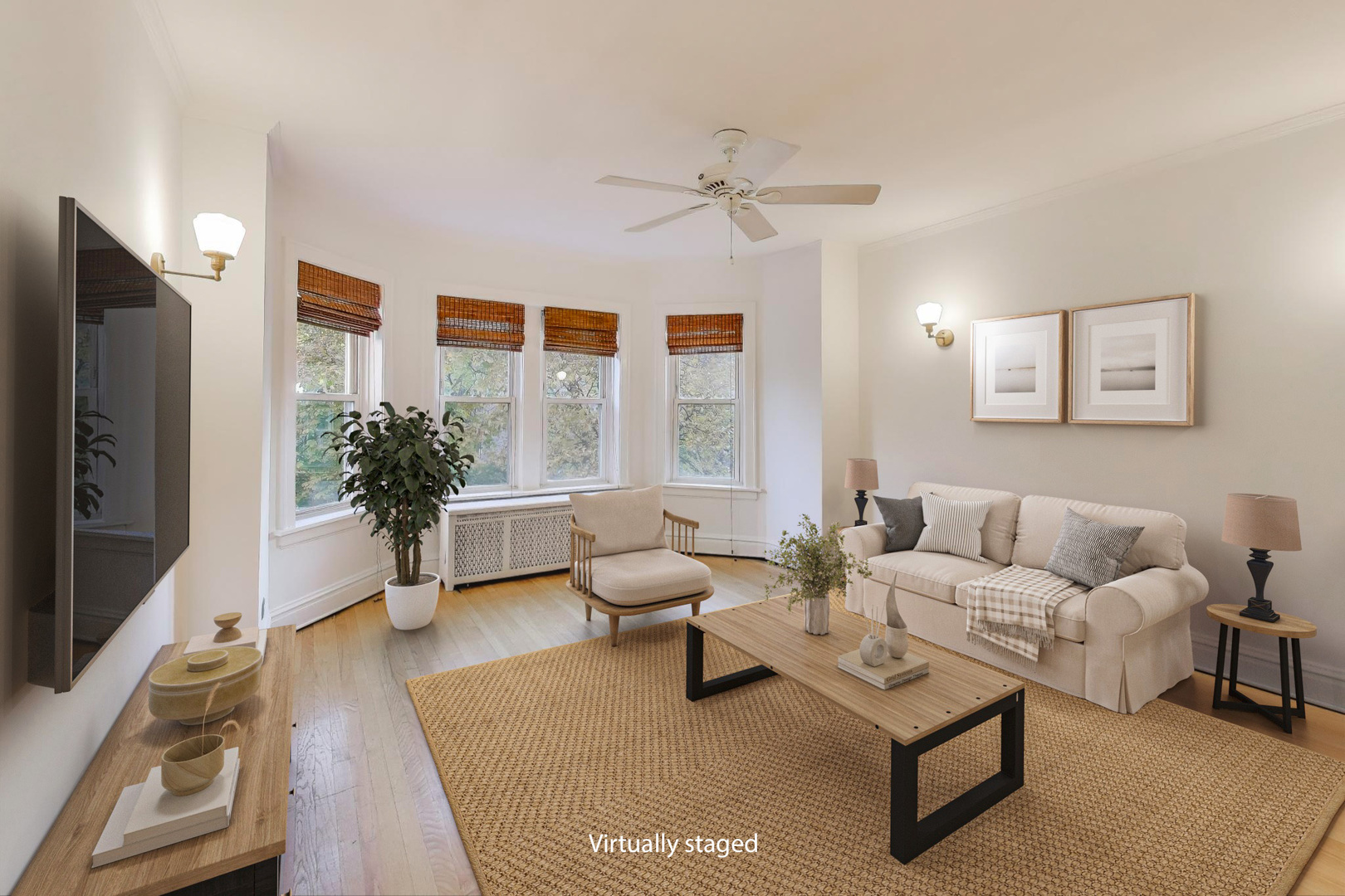 7346 Lake Street, Unit 2W River Forest, IL 60305 - Photo 2 of 30 a living room with furniture a large window and a flat screen tv