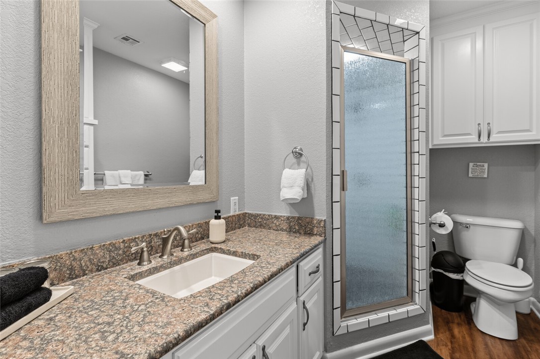 2275 West Moonlight Drive Robinson, TX 76706 - Photo 23 of 40 a bathroom with a granite countertop sink a toilet and a mirror