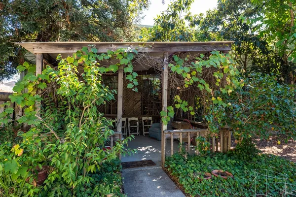 a view of a chairs and table in backyard