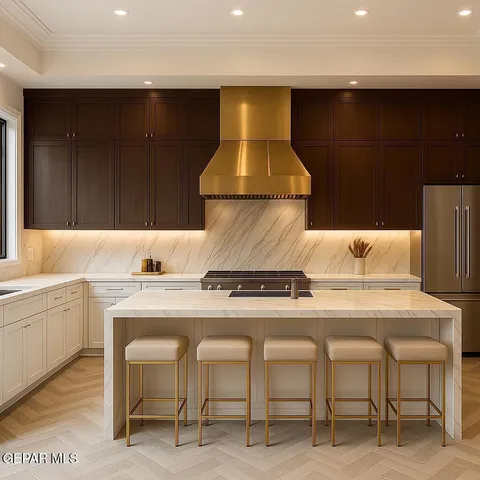 a kitchen with a stove and a refrigerator