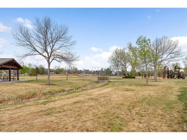 a view of open space with garden and trees