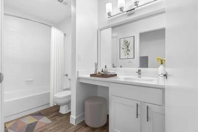 a bathroom with a granite countertop sink toilet and shower