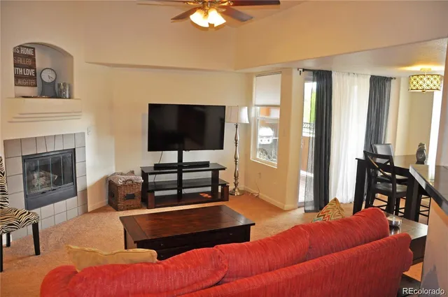 a living room with furniture a flat screen tv and a fireplace