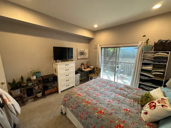 a bed room with a bed and a television