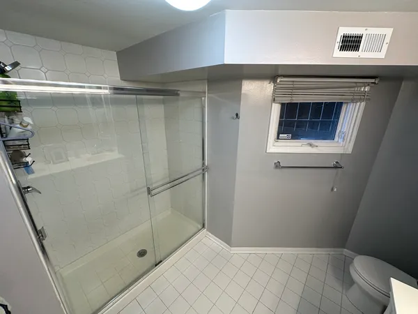 a bathroom with a shower and a toilet