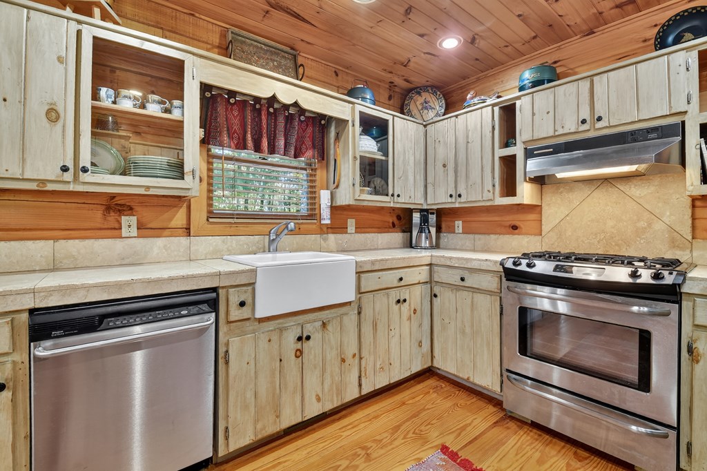 240 Lower Prince Mountain Road Cherry Log, GA 30522 - Photo 23 of 45 a kitchen with granite countertop a stove sink and cabinets