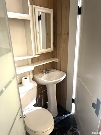 a bathroom with a sink toilet and mirror
