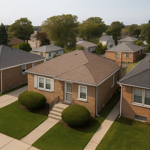 a aerial view of a house next to a yard