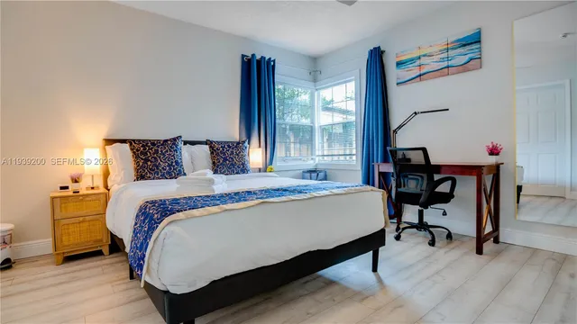 a bedroom with a bed and wooden floor