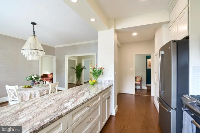 a view of a kitchen and dining room