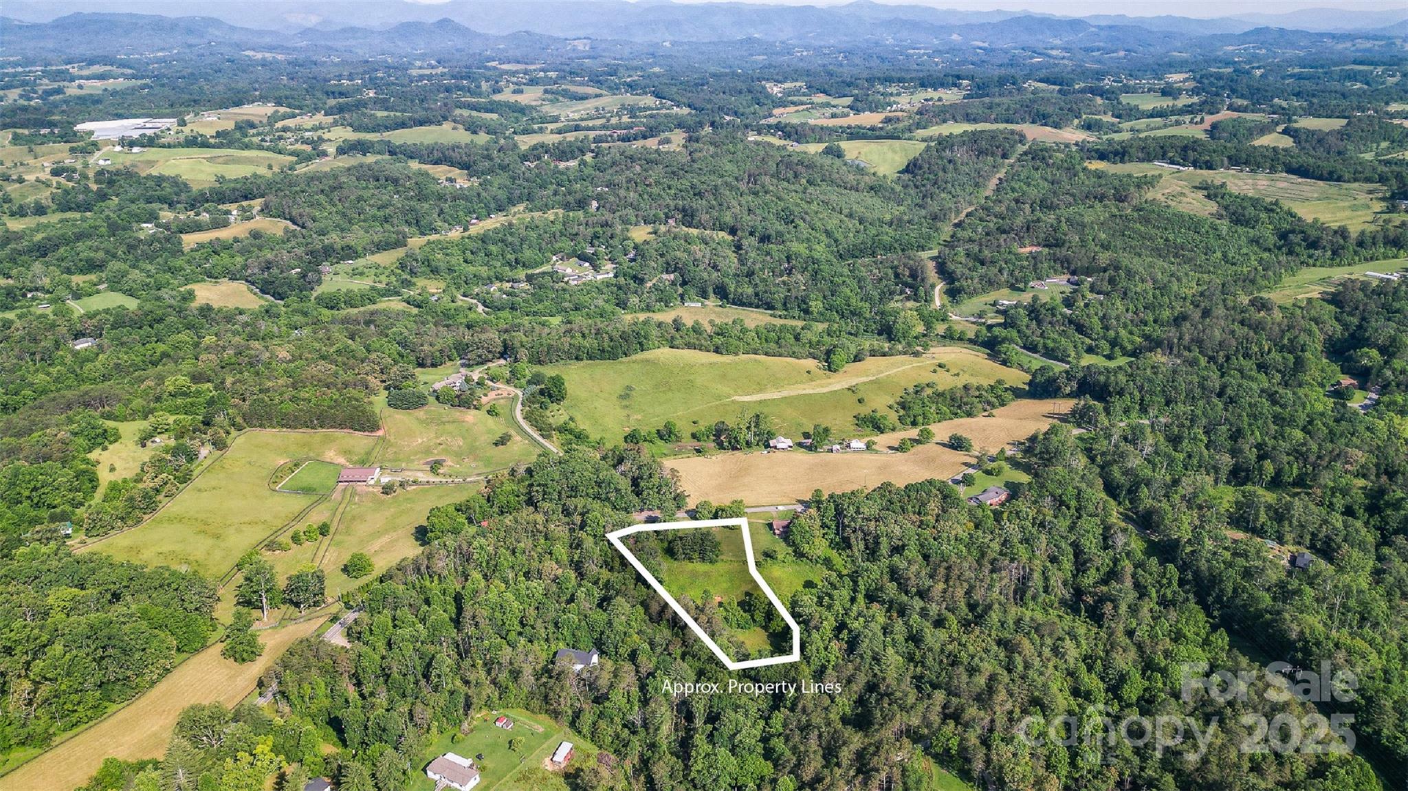 an aerial view of residential houses with outdoor space and trees