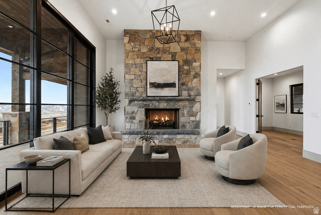 2155 East Wrangler Road Kamas, UT 84036 - Photo 2 of 62 Living room featuring light wood-style floors, a stone fireplace, recessed lighting, and a high ceiling
