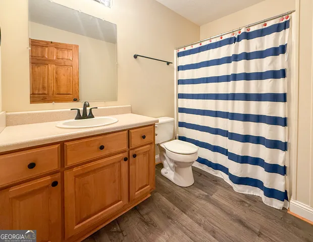 a bathroom with a sink a toilet a mirror and shower curtain