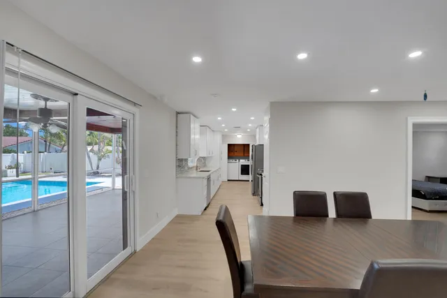 a view of a dining room with furniture