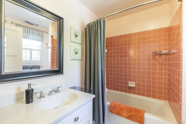 a bathroom with a tub sink vanity and mirror