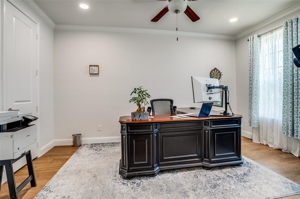 16380 Radstock Road Frisco, TX 75033 - Photo 14 of 39 Home office featuring ornamental molding, ceiling fan, light wood-style flooring, and recessed lighting