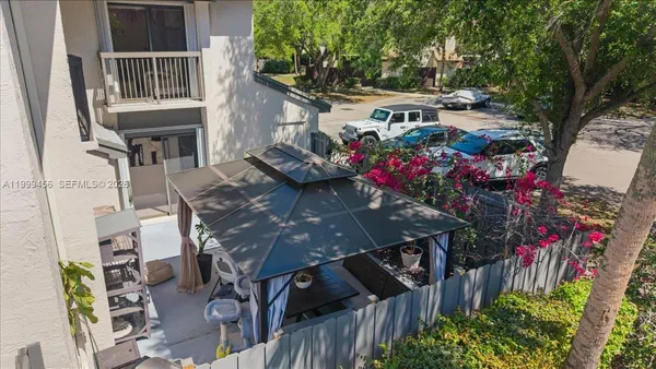 an outdoor view with patio