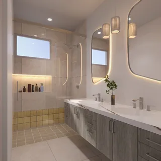 a bathroom with a double vanity sink mirror and double