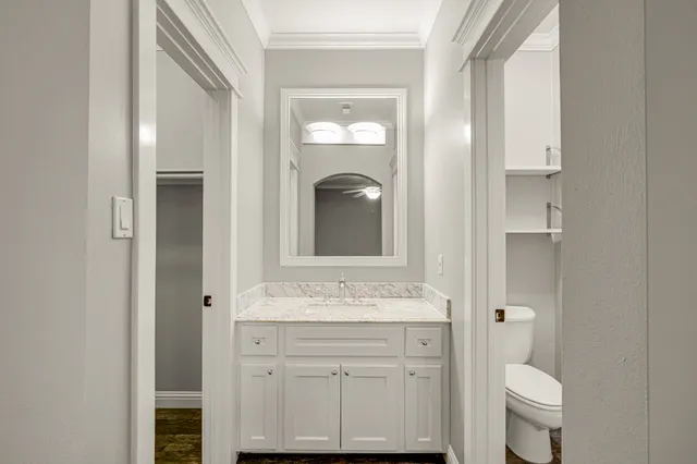 a bathroom with a toilet sink and mirror